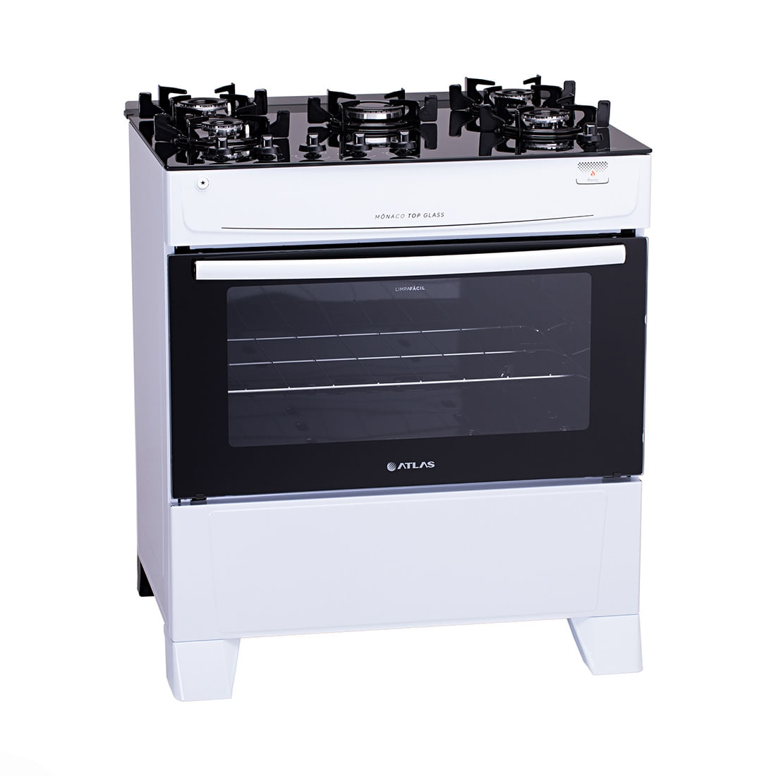 Fogão 5 Bocas Atlas de Piso Automático com Mesa de Vidro Forno Grande 86,5L Monaco Top Glass