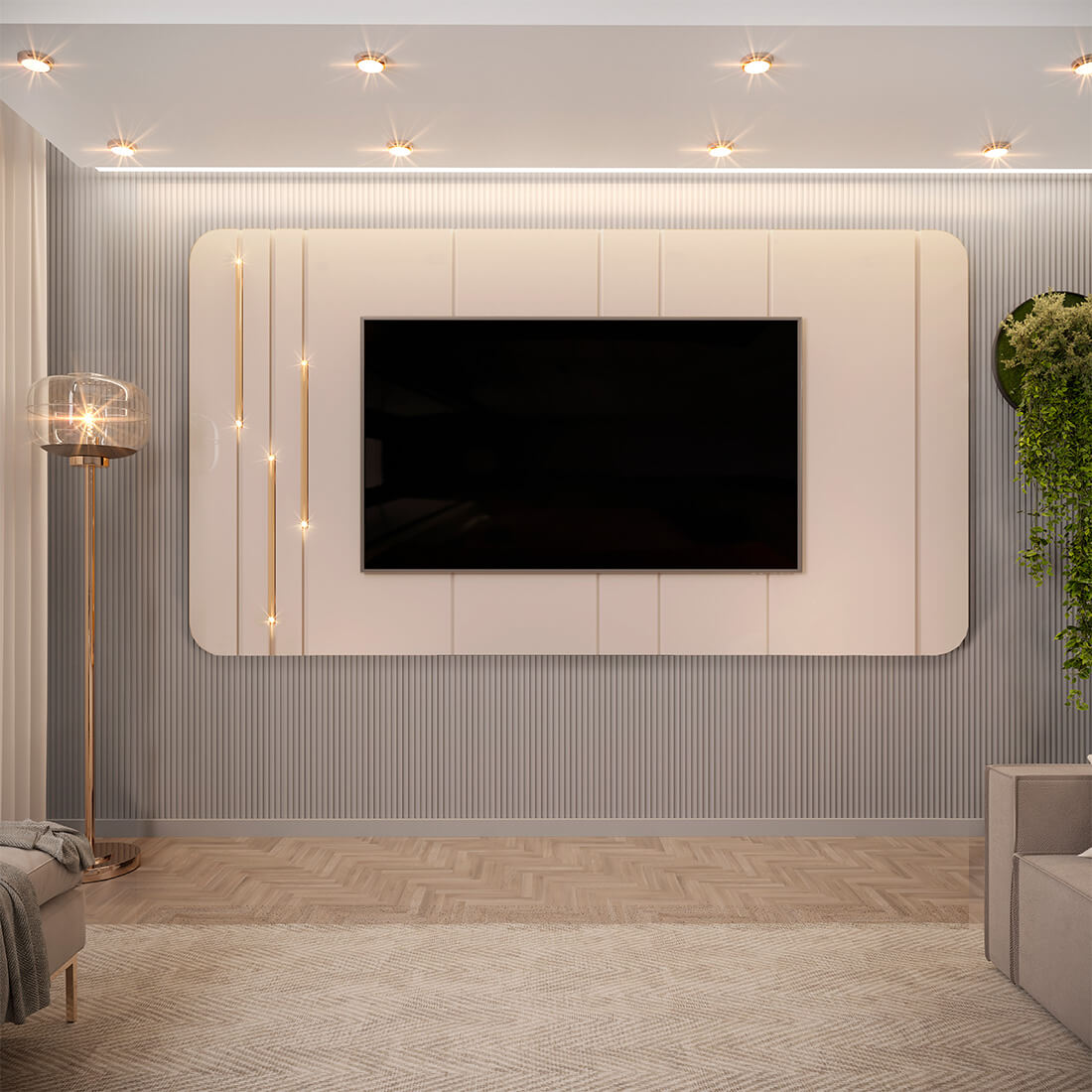 Painel para TV até 75" 100% MDF com Frisos Chanfrados e Luminárias Caribe