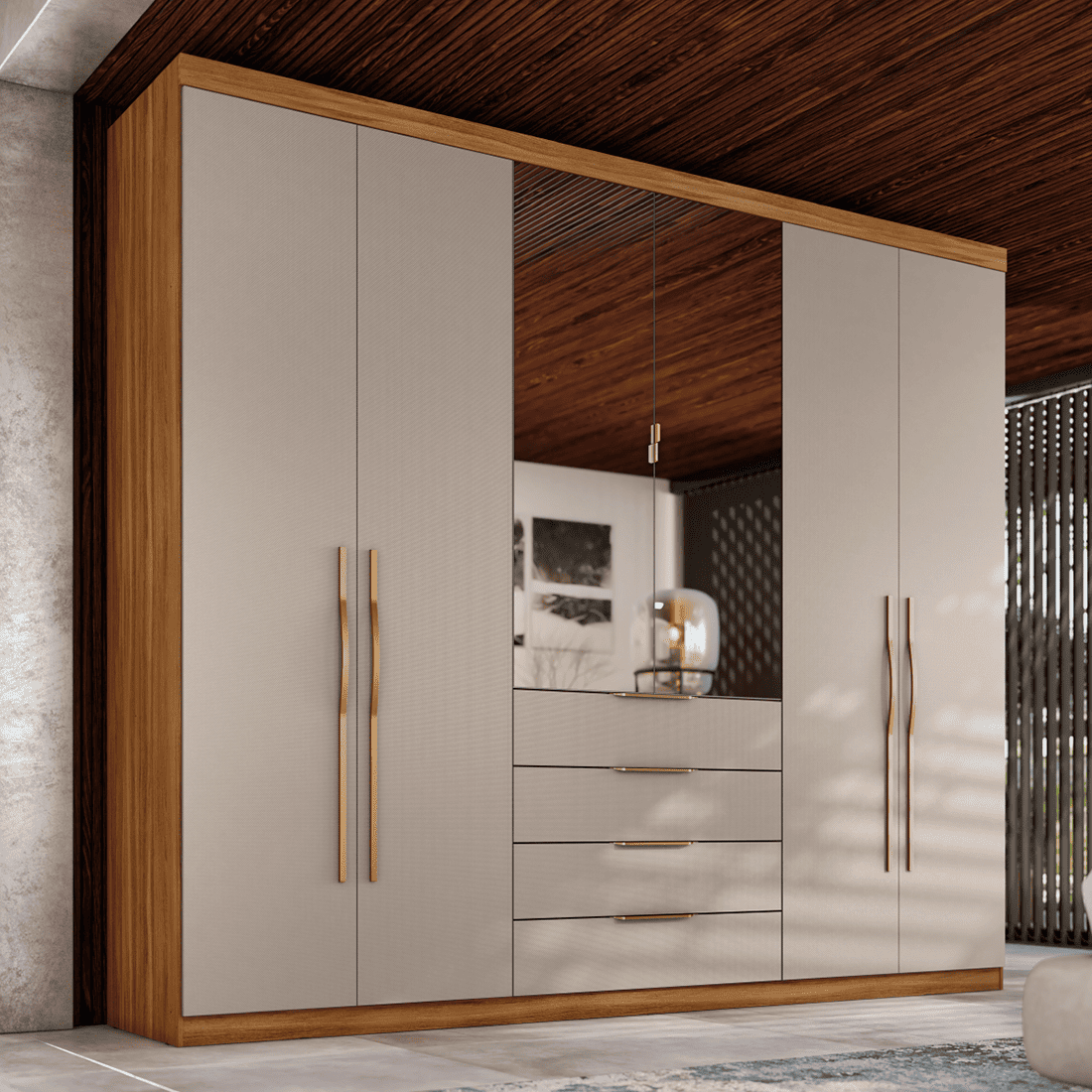 Guarda Roupa Casal 6 Portas 4 Gavetas com Espelho Vicenza