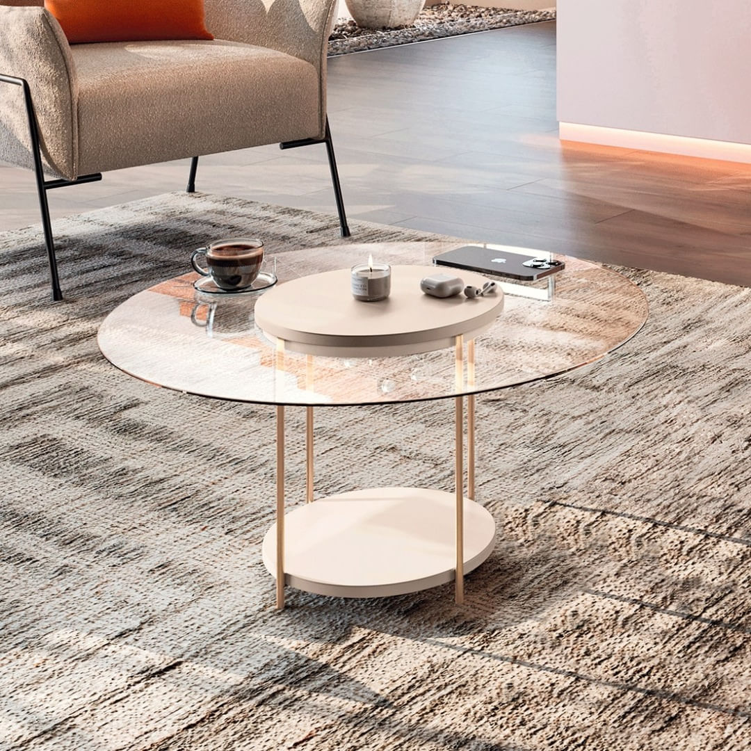 Mesa de Centro e Apoio Circular MDF e Tampo de Vidro Barcelona 36x70cm