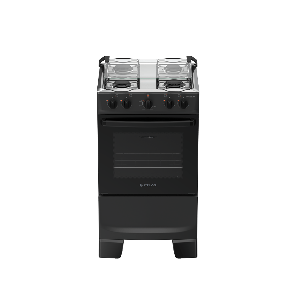 Fogão 4 Bocas Atlas Coliseum Plus Preto com Mesa Inox